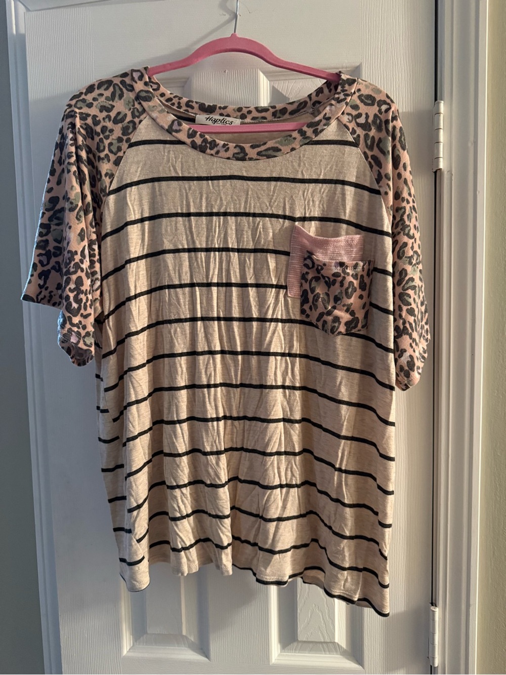 Angelito Cream Stripe Tee with Pink Leopard Pocket